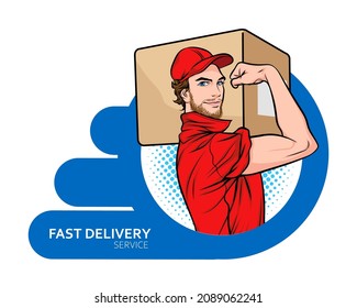 delivery man holding parcel box in circle frame Pop Art Comic Style