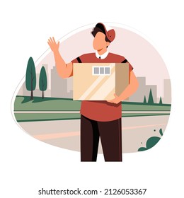 Un repartidor sostiene un paquete. Servicio de entrega, envío rápido y gratuito. Courier entrega pedidos online y comestibles en bolsas y cajas. Ilustración vectorial de caricatura plana aislada en blanco.