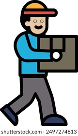 A delivery man holding a parcel box in line icon style
