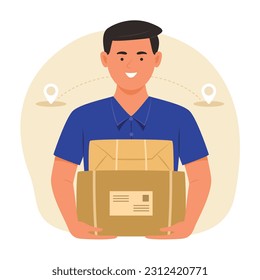 Delivery Man Holding the Parcel Boxes with Location Icons on Background for Shipping Concept Illustration