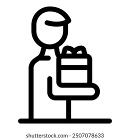 Delivery man holding parcel gift box with ribbon outline icon