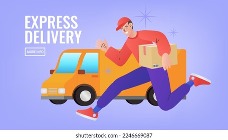 Un repartidor sostiene un paquete saltando. Anunciar servicios de envío y logística en todo el mundo. Transporte de carga. Envío de camiones. Concepto de comercio electrónico. ilustración de tienda o tienda en línea.