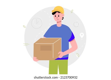 Un repartidor sostiene una caja de paquetes. Concepto de servicio de entrega rápida. Ilustración vectorial. 