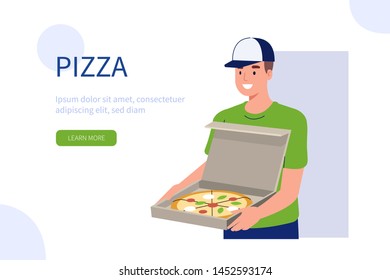 Delivery man holding pizza package.  Can use for backgrounds, infographics, hero images. Flat style modern vector illustration.