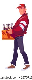 Delivery man holding a wooden box for bottles with alcoholic drinks, packaging for storing and delivering drinks cartoon vector illustration