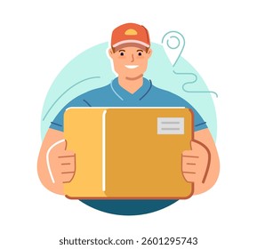 Delivery man holds box in his hands. Moving service. Courier delivering parcel