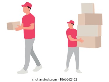 The delivery man holds the boxes in his hands. The courier carries the boxes on foot. Walking delivery. Lots of mailboxes in hand. Post office worker. Set of images