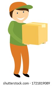 Delivery man holds boxes with parcel. A man delivers package. Flat vector illustration isolated on white background.