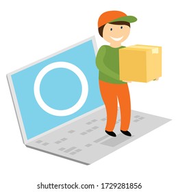 Delivery man holds boxes with parcel. A man delivers package. Order delivery of product online. Flat vector illustration isolated on white background.