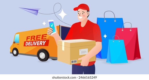 Delivery man holds a cardboard box. Man standing at the back of a delivery van. Transport and people. male worker loads boxes in truck. Online shopping. Vector flat design illustration.