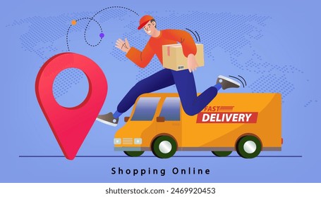 Delivery man holds a cardboard box. Man jumps over delivery van. Transport and people. male worker loads boxes in truck. Online shopping. Ecommerce concept.  Vector flat design illustration.