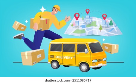 Delivery man holds a cardboard box. Man jumps over delivery van. Transport and people. male worker loads boxes in truck. Online shopping. Ecommerce concept. Vector flat design illustration.