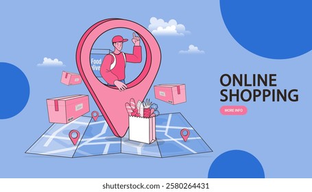 Delivery man holds a cardboard box. Man standing next to delivery van. Transport and people. male worker loads boxes in truck. Online shopping. Ecommerce concept. Vector flat design illustration.