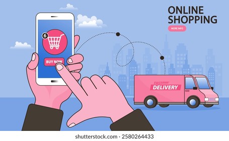 Delivery man holds a cardboard box. Man standing next to delivery van. Transport and people. male worker loads boxes in truck. Online shopping. Ecommerce concept. Vector flat design illustration.