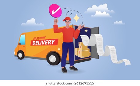 Delivery man holds a cardboard box. Man standing next to delivery van. Transport and people. male worker loads boxes in truck. Online shopping. Ecommerce concept. Vector flat design illustration.