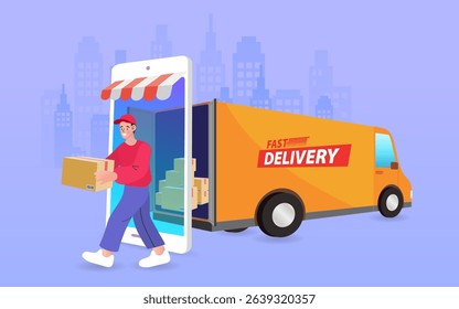 Delivery man holds a cardboard box. Man standing next to delivery van. Transport and people. male worker loads boxes in truck. Online shopping. Ecommerce concept. Vector flat design illustrati