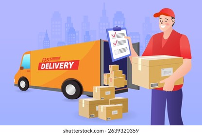 Delivery man holds a cardboard box. Man standing next to delivery van. Transport and people. male worker loads boxes in truck. Online shopping. Ecommerce concept. Vector flat design illustrati