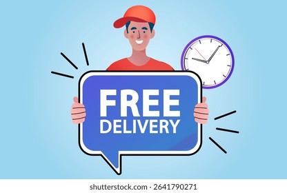 Delivery man holds a cardboard box. Man standing next to delivery van. Transport and people. male worker loads boxes in truck. Online shopping. Ecommerce concept. Vector flat design illustration.