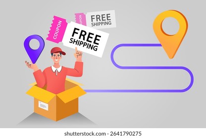 Delivery man holds a cardboard box. Man standing next to delivery van. Transport and people. male worker loads boxes in truck. Online shopping. Ecommerce concept. Vector flat design illustration.