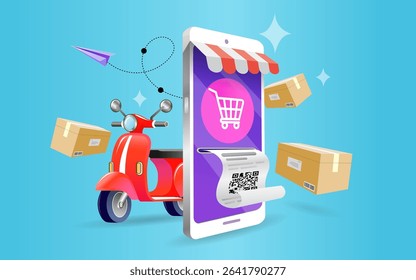 Delivery man holds a cardboard box. Man standing next to delivery van. Transport and people. male worker loads boxes in truck. Online shopping. Ecommerce concept. Vector flat design illustration.