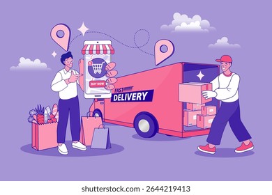 O entregador segura uma caixa de papelão. Homem ao lado da van de entrega. Transporte e pessoas. Trabalhador do sexo masculino carrega caixas no caminhão. Compras online. Conceito de comércio eletrônico. Ilustração de design plano vetorial.