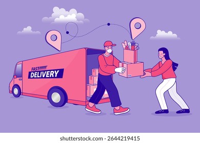 Delivery man holds a cardboard box. Man standing next to delivery van. Transport and people. male worker loads boxes in truck. Online shopping. Ecommerce concept. Vector flat design illustration.
