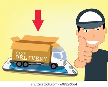 delivery man holds a finger to demonstrate excellent service in service. In flat vector style.