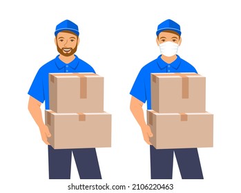 Delivery man holds in hands cardboard postal parcel boxes. Ordering products online with home delivery service. Flat vector illustration. Friendly delivery service employee gives a customer the order