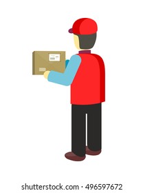 Delivery man holds package in his hands. Manager deliver goods to designated place. Equipment delivery process of warehouse. Loader man isolated on white background. Business delivery of cargo. Vector