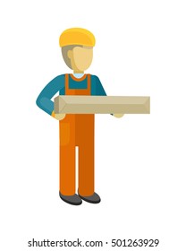 Delivery man holds package in his hands. Manager deliver goods to designated place. Equipment delivery process of warehouse. Loader man isolated on white background. Business delivery of cargo. Vector
