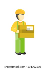 Delivery man holds package in his hands. Manager deliver goods to designated place. Equipment delivery process of warehouse. Loader man isolated on white background. Business delivery of cargo. Vector