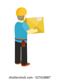 Delivery man holds package in his hands. Manager deliver goods to designated place. Equipment delivery process of warehouse. Loader man isolated on white background. Business delivery of cargo. Vector