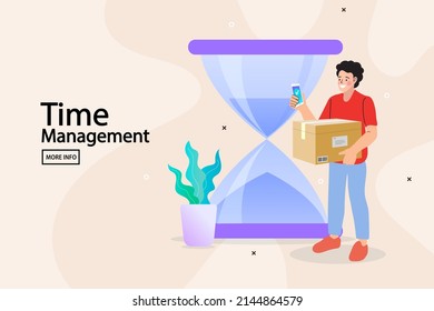delivery man with hourglass. Time management, deadline. man managing work and life time. Responsible employee. businessman or entrepreneur making appointment. Cartoon flat vector illustration.
