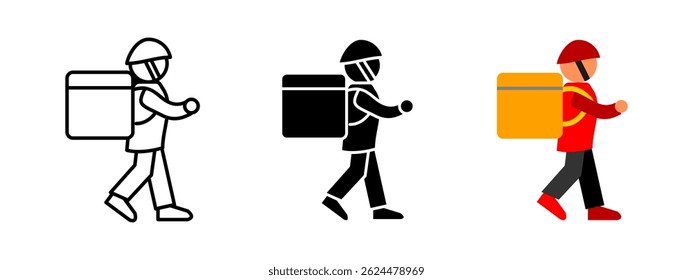 Delivery man icon. Courier walking with a backpack box vector illustration. Fast food and parcel delivery service symbol. Urban logistics and express shipment sign. Transportation pictogram.