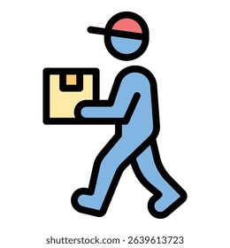 Delivery man icon flat line style illustration representing courier services and parcel distribution, suitable for logistics, e-commerce, and transportation-related projects