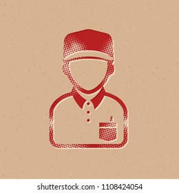 Delivery man icon in halftone style. Grunge background vector illustration.
