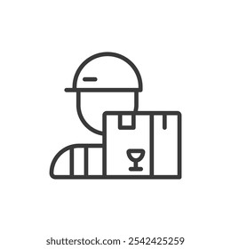 Lieferant, Symbol im Liniendesign. Lieferung, Mann, Kurier, Person, Arbeiter, Paket, Paket, Versand auf weißem Hintergrund Vektor. Liefermann editierbares Strichsymbol