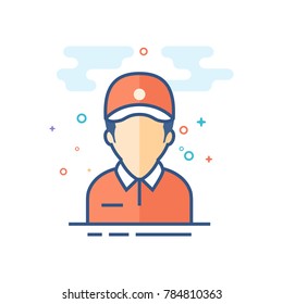 Delivery man icon in outlined flat color style. Vector illustration.