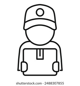 Icono del repartidor en gráfico simple de Ilustración vectorial de arte de línea en blanco y negro que simboliza al mensajero en gorra uniforme y representa la comunicación comercial electrónica optimizada