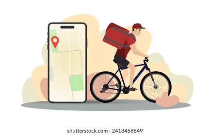 Delivery man illustration. A young guy with a backpack rides a bicycle. Fast delivery. Delivery service.