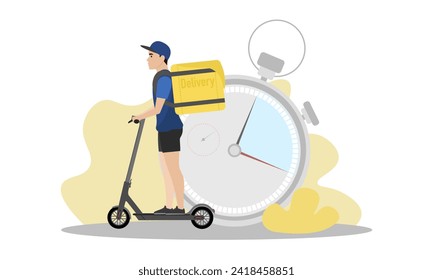 Delivery man illustration. A young guy with a backpack rides an electric scooter. Fast delivery. Delivery service.