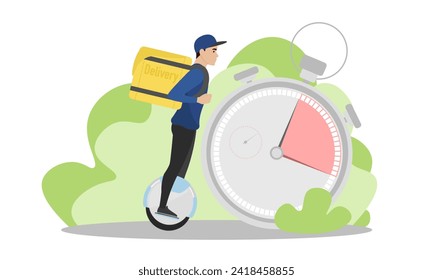 Delivery man illustration. A young guy with a backpack rides an electric unicycle. Fast delivery. Delivery service.