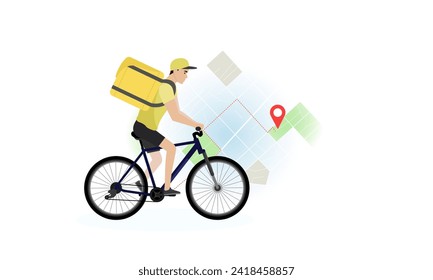 Delivery man illustration. A young guy with a backpack rides a bicycle against the background of a map with a route. Fast delivery. Delivery service.