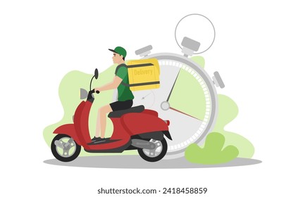 Delivery man illustration. A young guy with a backpack rides a scooter. Fast delivery. Delivery service.