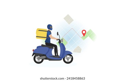 Delivery man illustration. A young guy with a backpack rides a scooter against the background of a map with a route. Fast delivery. Delivery service.