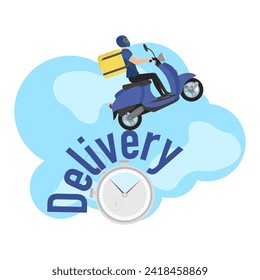 Delivery man illustration. A young guy with a backpack rides a scooter. Fast delivery. Delivery service.