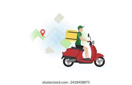 Delivery man illustration. A young guy with a backpack rides a scooter against the background of a map with a route. Fast delivery. Delivery service.