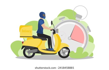 Delivery man illustration. A young guy with a backpack rides a scooter. Fast delivery. Delivery service.