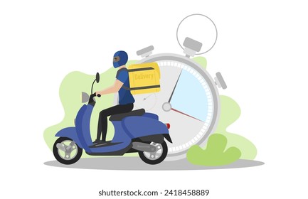 Delivery man illustration. A young guy with a backpack rides a scooter. Fast delivery. Delivery service.