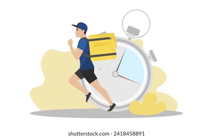 Delivery man illustration. A young guy with a backpack is running. Fast delivery. Delivery service.